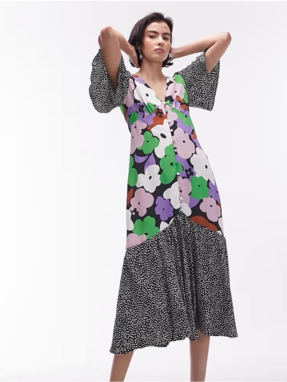 Topshop Mixed Print Floral & Polka Dot Midi Dress Multi-Color Flutter Sleeve 8